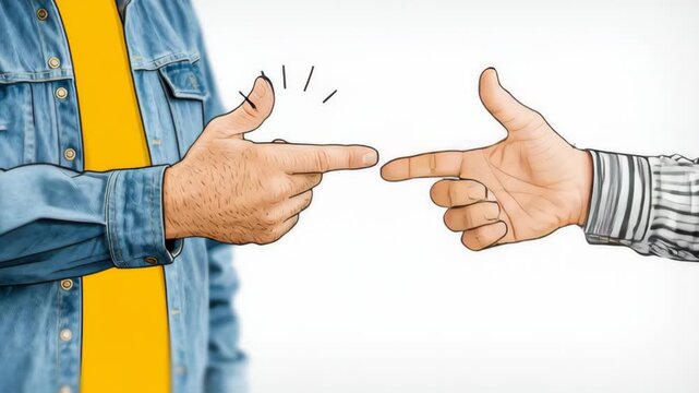 Two male hands engaged in a handshake, transitioning to a finger gun gesture, showcasing a playful interaction in a neutral background setting