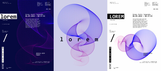 Abstract design featuring intricate line patterns and typography elements in a modern layout. The composition uses a blend of purple and blue hues to create a futuristic aesthetic.