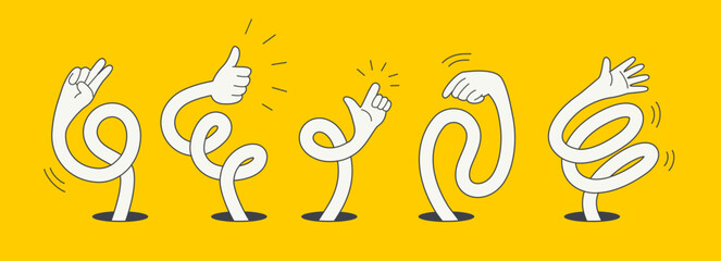 Playful illustration of five abstract hands emerging from holes, each making different gestures on a bright yellow background. The design conveys creativity and movement.