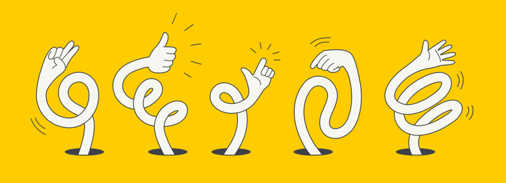 Playful illustration of five abstract hands emerging from holes, each making different gestures on a bright yellow background. The design conveys creativity and movement.