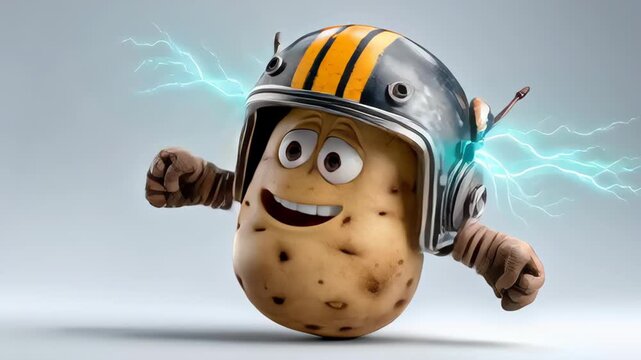 Animated potato character with a helmet and electric sparks, expressing excitement and energy, showcasing a playful and dynamic pose in a bright, neutral background