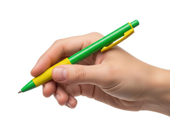A hand holding a green and yellow pen isolated on transparent background