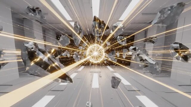 Digital abstract sanctum ignites with defensive light and crystalline data streams, futuristic tunnel with floating asteroids.