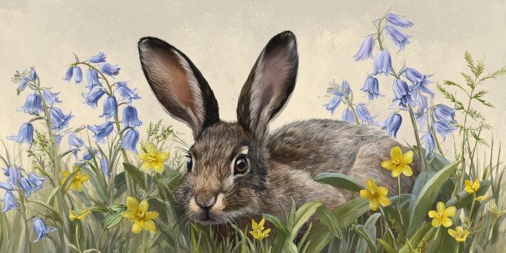 Detailed illustration of a brown hare peeking from lush green grass with vibrant bluebells and yellow wildflowers, evoking a serene spring meadow scene Concept of nature, wildlife, and springtime