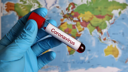 Obraz premium A gloved hand holds a test tube labeled Coronavirus in front of a world map