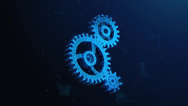 Three Low Poly Cog Wheel Gears Rotating Together. Synergy Partnership, Corporate Collaboration and Business Teamwork Animation Loop. Tech Support and Maintenance in Information Technology Industry