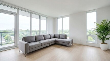 Spacious modern living room with large sectional sofa and abundant natural light from floor-to-ceiling windows