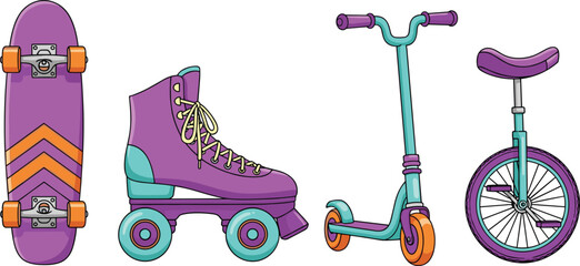 Colorful cartoon set of urban sports equipment including purple skateboard roller skates scooter and unicycle isolated on white background together © CreativeStorage