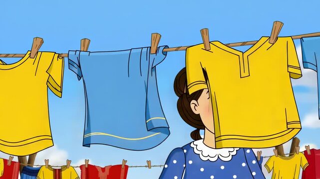 Animated woman hanging laundry on clothesline against blue sky backdrop cartoon style simple traditional domestic tasks and homemaking