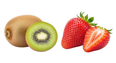 Fresh kiwi and strawberries with sliced fruit isolated on transparent background