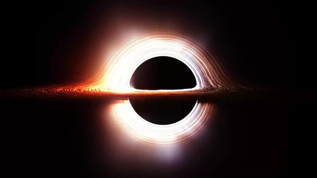 A high-quality 4K motion graphics simulation of a supermassive black hole, featuring a glowing orange accretion disk of gas and dust orbiting the event horizon in the dark void of space This cinematic
