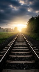 Obraz premium Railway tracks leading to sunset in rural landscape with trees