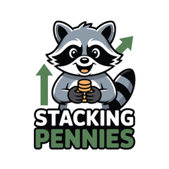 Obraz premium Cartoon Raccoon Holding Coins Stacking Pennies Logo Design