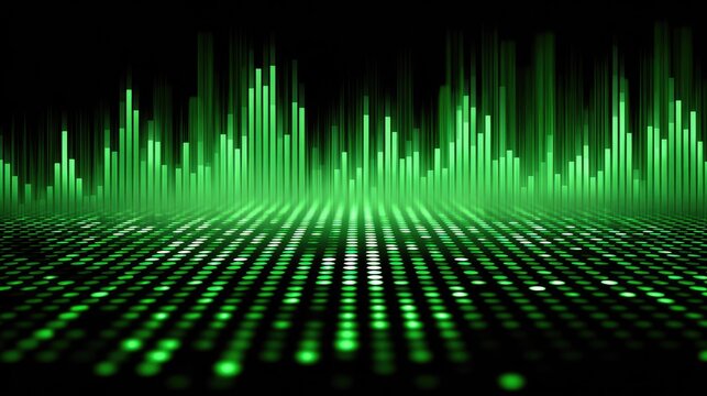 Bright green illuminated bar graphs display audio frequency levels against a dark background above a glowing floor pattern.
