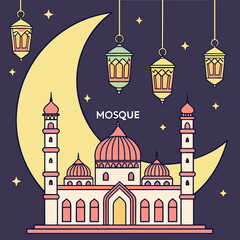 AdEid Mubarak greeting card illustration featuring a mosque silhouette at night with moon and stars celebrating Islamic holiday
