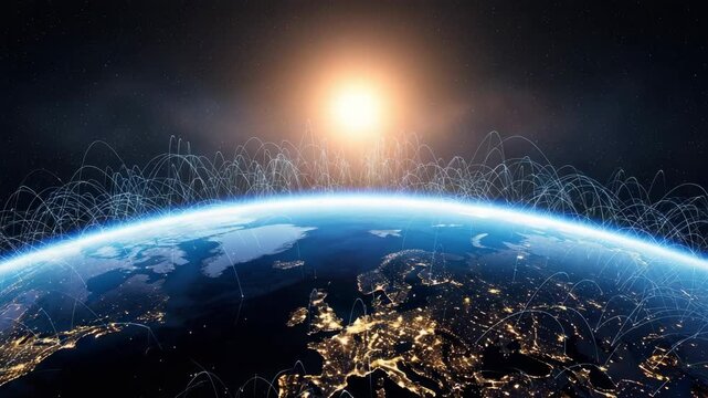 Digital Network Connections Emanating From Earth Global Concept Of Digital Communications Across The Globe With Rising Sun In The Background For Technology Communication-related Illu