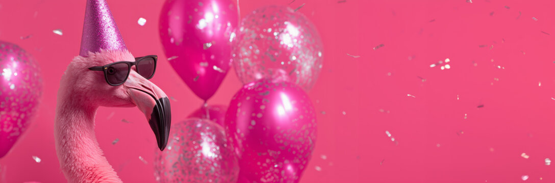 Funny flamingo wearing sunglasses with happy birthday balloons and confetti explosion flying around greeting card on pink background with copy space.