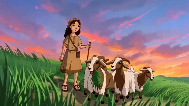 Animated young shepherd girl with goats at sunset in a pastoral scene