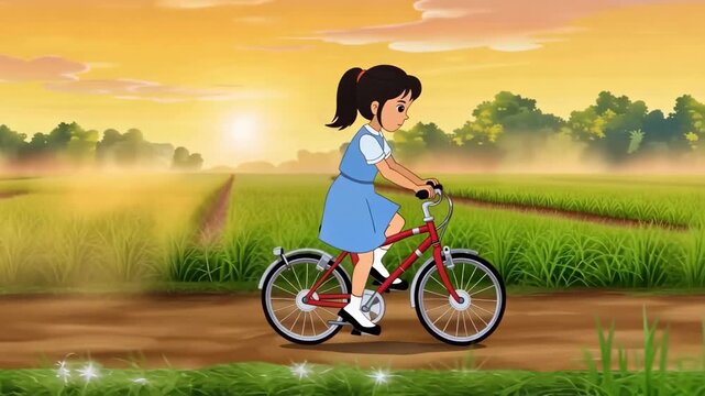 Animated young girl riding bicycle through rural landscape at sunrise cartoon style