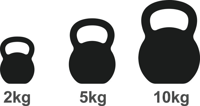 Three black kettlebell weights in a row for fitness and exercise 2kg 5kg 10kg