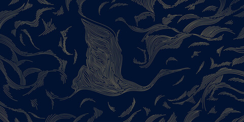 Fototapeta premium Elegant Japanese crane pattern, gold line art, background with flowing waves. Luxury vector illustration, Asian aesthetics, wallpapers, invitations, yoga branding, decorative covers, banners.