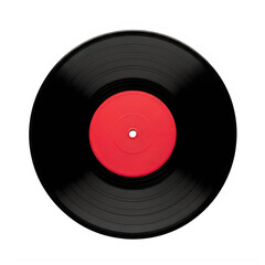 A black vinyl record with a red center label isolated on transparent background