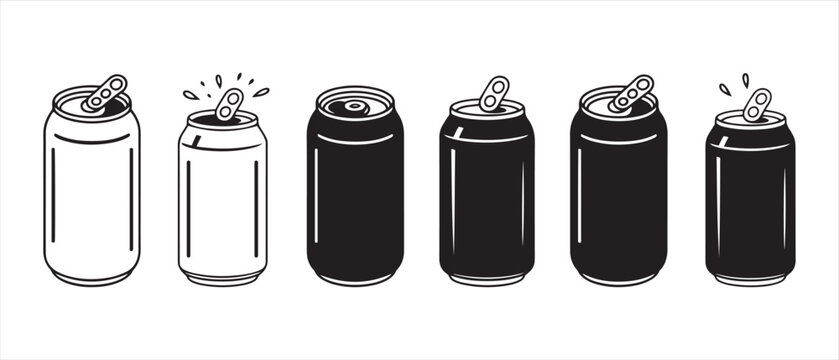 Set of Soda Cans, Two White and Four Black, Some Opened with Tabs, Clean Vector Illustration.