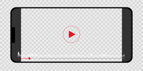 Realistic smartphone vector mockup with empty video player interface. Mobile phone screen displaying play button and progress bar. Digital multimedia player template concept. © Imaster