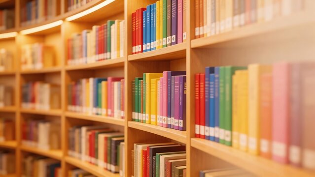Library bookshelves with colorful books