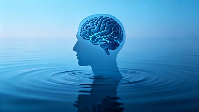 Human head with brain in water
