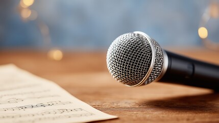 Obraz premium Microphone and Sheet Music: A close-up shot of a microphone resting beside a sheet of music, capturing the essence of musical performance and studio recording.