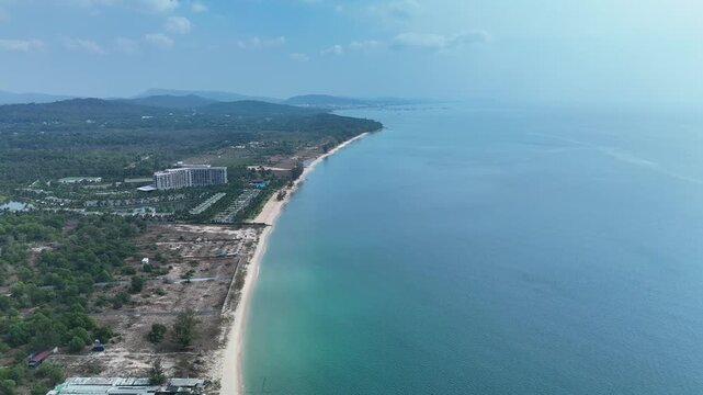 Cua Can, Phu Quoc Island, An Giang (Kien Giang) Province, Southern Vietnam &ndash; 4K aerial drone footage of tropical beach, beachfront resort landscape, forest in Gulf of Thailand