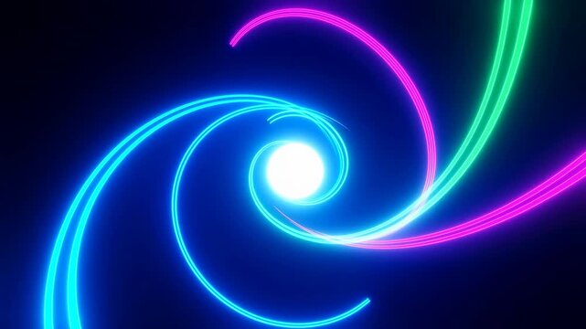 Dynamic Neon Light Movements Swirl Vibrantly Around Central Luminous Dot In Mesmerizing Loops