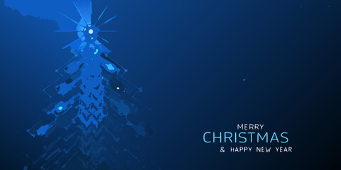 Abstract blue christmas tree with celebratory text and sparkling effects