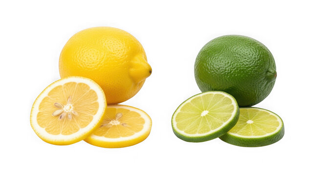 Fresh lemons and limes with slices isolated on transparent background