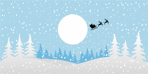 Santa claus and reindeer fly across a winter wonderland scene © Lalin