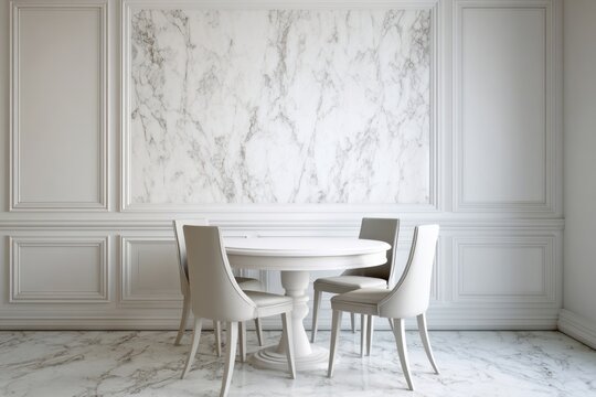Elegant dining room features a white table and chairs against a marble wall.