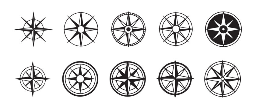 Collection of Vintage Compass Rose Designs, Nautical Wind Rose Symbols and Navigation Icons on White Background.