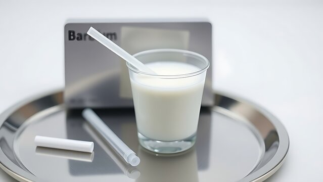 barium. White barium suspension in medical cup with straw, on sterile tray. bar promotions, beverage menus, designed for food & beverage menus and cafe branding, used by art directors.