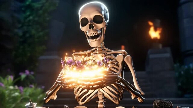 Skeleton engages in eerie celebration surrounded by gothic relics