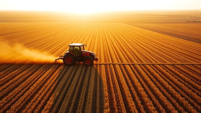 aeon. A large tractor creating deep furrows in a field during the golden hour. safety posters, maintenance manuals, designed for industrial assembly lines and welding operations.