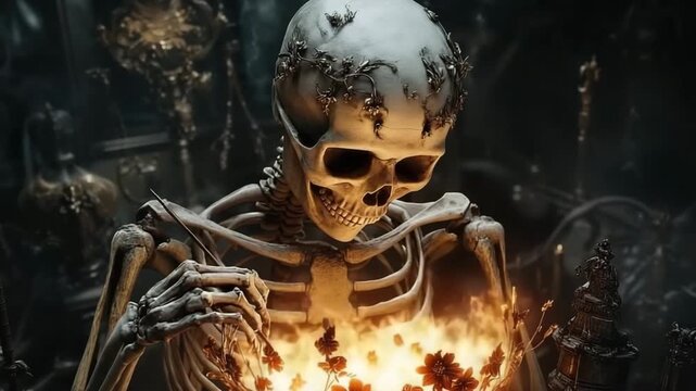 Skeleton engages in eerie celebration surrounded by gothic relics