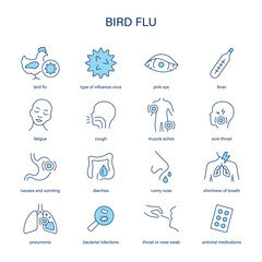 Bird Flu symptoms, diagnostic and treatment vector icon set