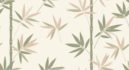 Obraz premium A seamless pattern featuring elegant green bamboo stalks and delicate leaves in varying shades of green and beige on a light cream background.
