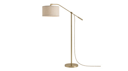 Modern brass arc floor lamp with linen shade perfect for minimalist interior design and on transparent background