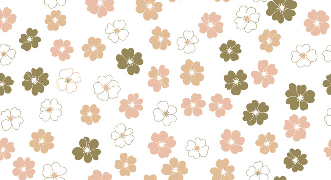 A charming and delicate seamless pattern featuring small, stylized flowers in soft pastel shades of pink, beige, and olive green scattered across a clean white background.