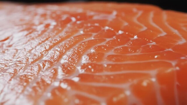 Close up of fresh raw salmon fillet with visible texture and marbling