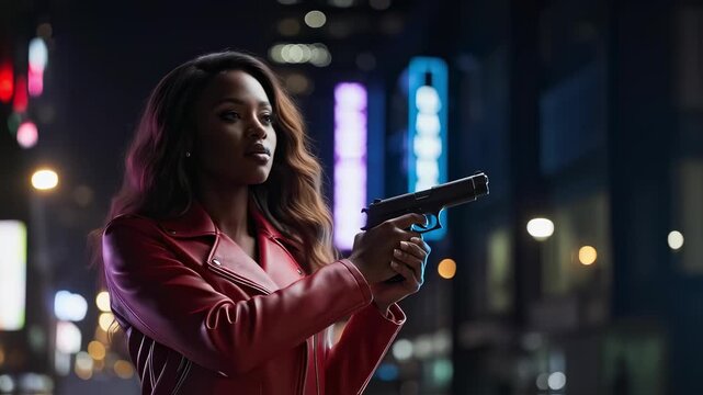 Woman holding handgun city night. Red leather jacket female neon lights background. Action thriller concept