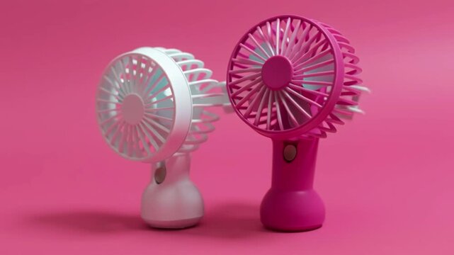Two portable mini fans on pink background, pastel handheld cooling devices in modern minimal composition, rechargeable summer air circulation gadgets, personal ventilator concept, colorful product dis
