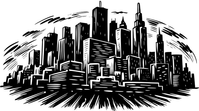 Very beautiful abstract brush sketch portrait of Chicago cityscape, minimalist line vector capturing iconic skyscrapers and bold skyline rhythm in a modern artistic composition.